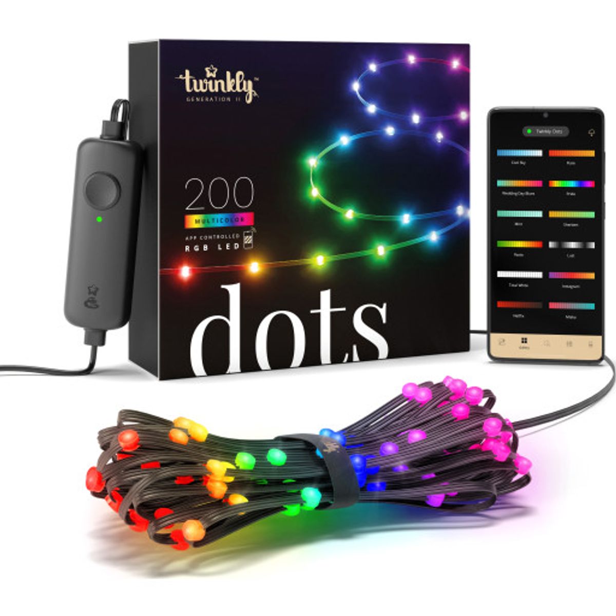 TWINKLY DOTS 200 LED, sort ledning