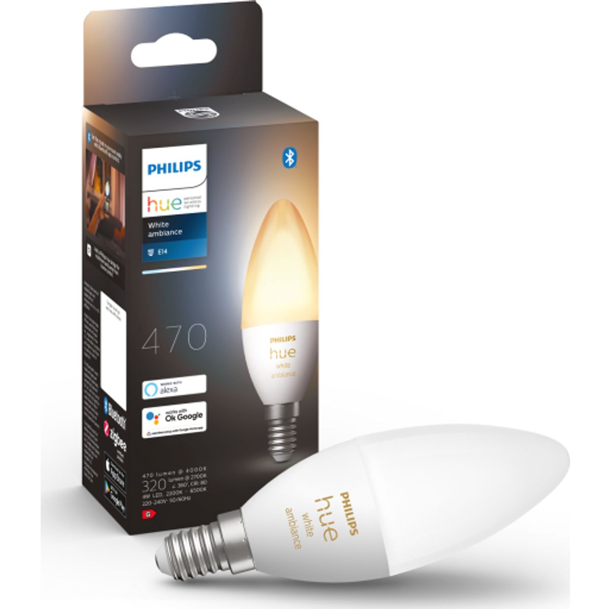 Philips Hue White Ambiance E14 kertepære, 2200K-4000K, 5,2W