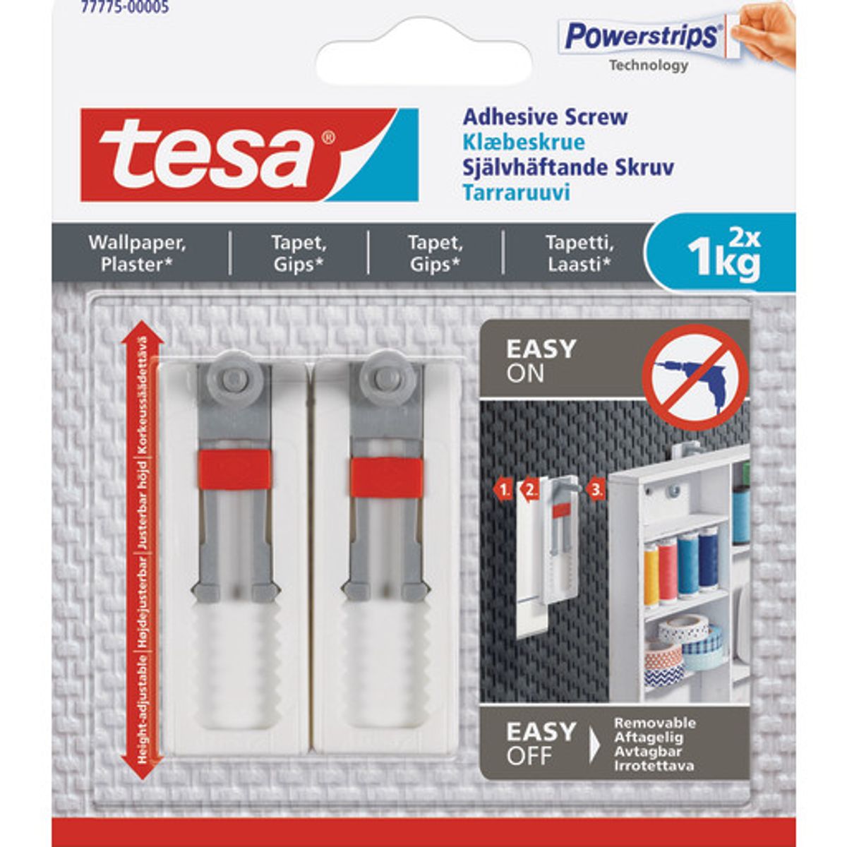 Tesa Powerstrips klæbeskrue, 1 kg, 2-pak, justerbar, hvid