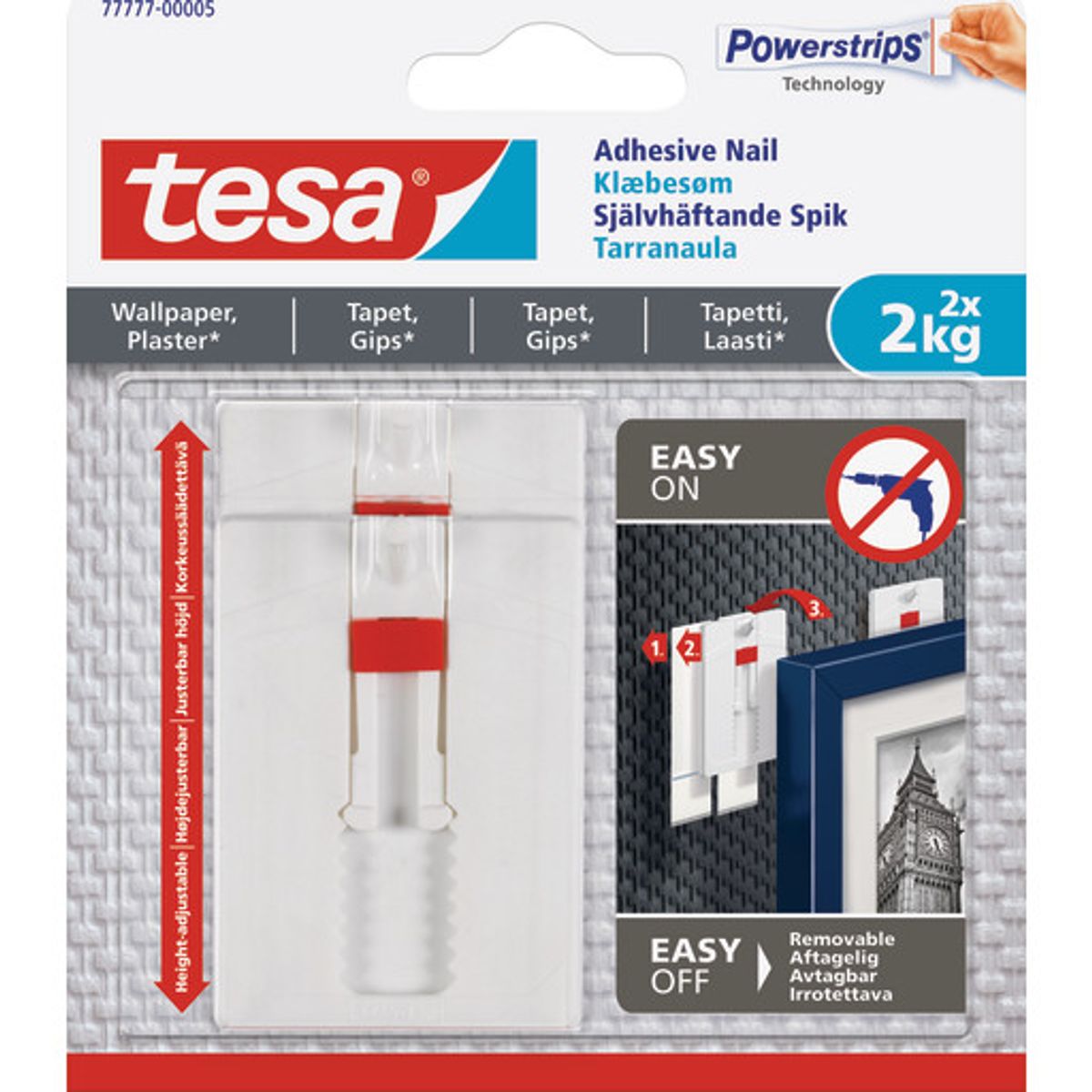 Tesa Powerstrips klæbesøm 2 kg 2-pak justerbare i hvid