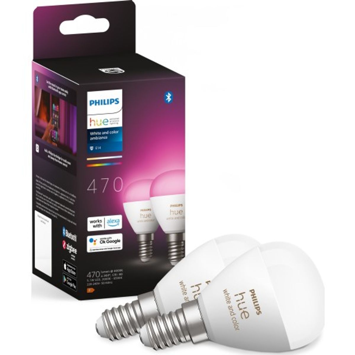 Philips Hue White Color Ambiance E14 kronepære, 2000K-6500K, 5,1W, 2-pak