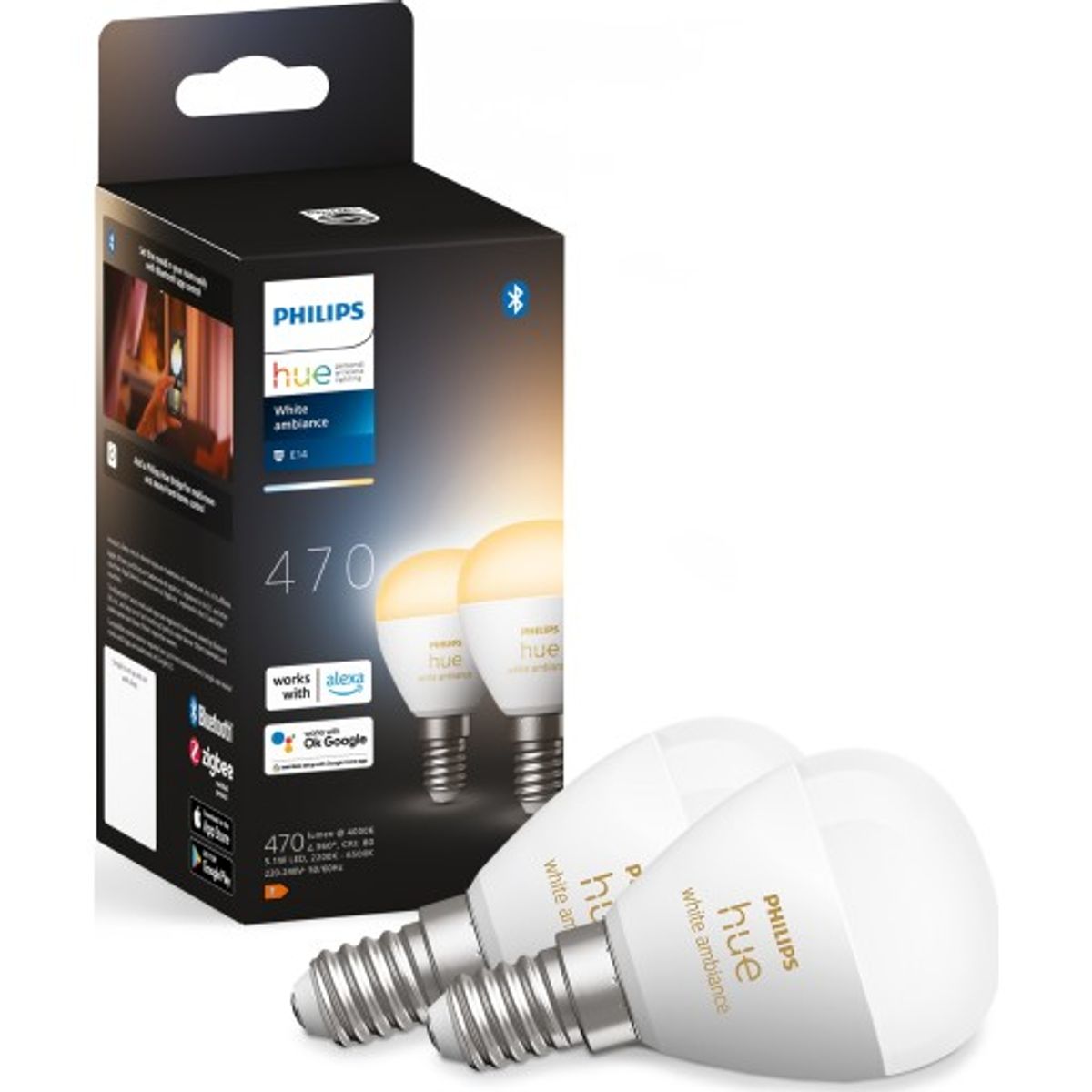 Philips Hue White Ambiance E14 kronepære, 2200K-6500K, 5,1W, 2-pak