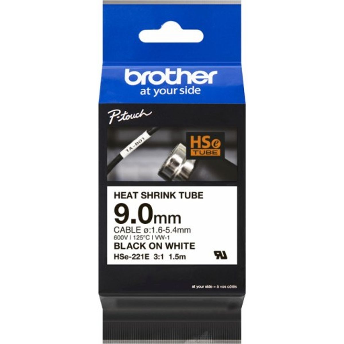 brother krympeflextape HSe221E, sort/hvid, 9,0 mm, til 1,6-5,4 mm kabler