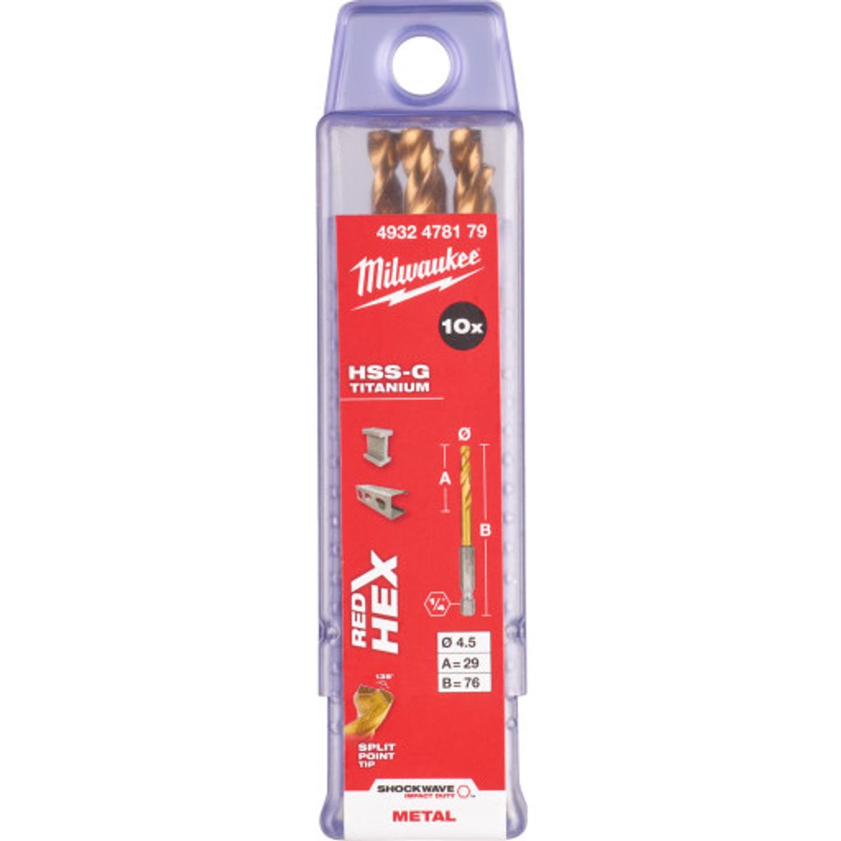 Milwaukee HSS-G TIN Shockwave metalbor 1/4" HEX, 4,5 mm, 10 stk.