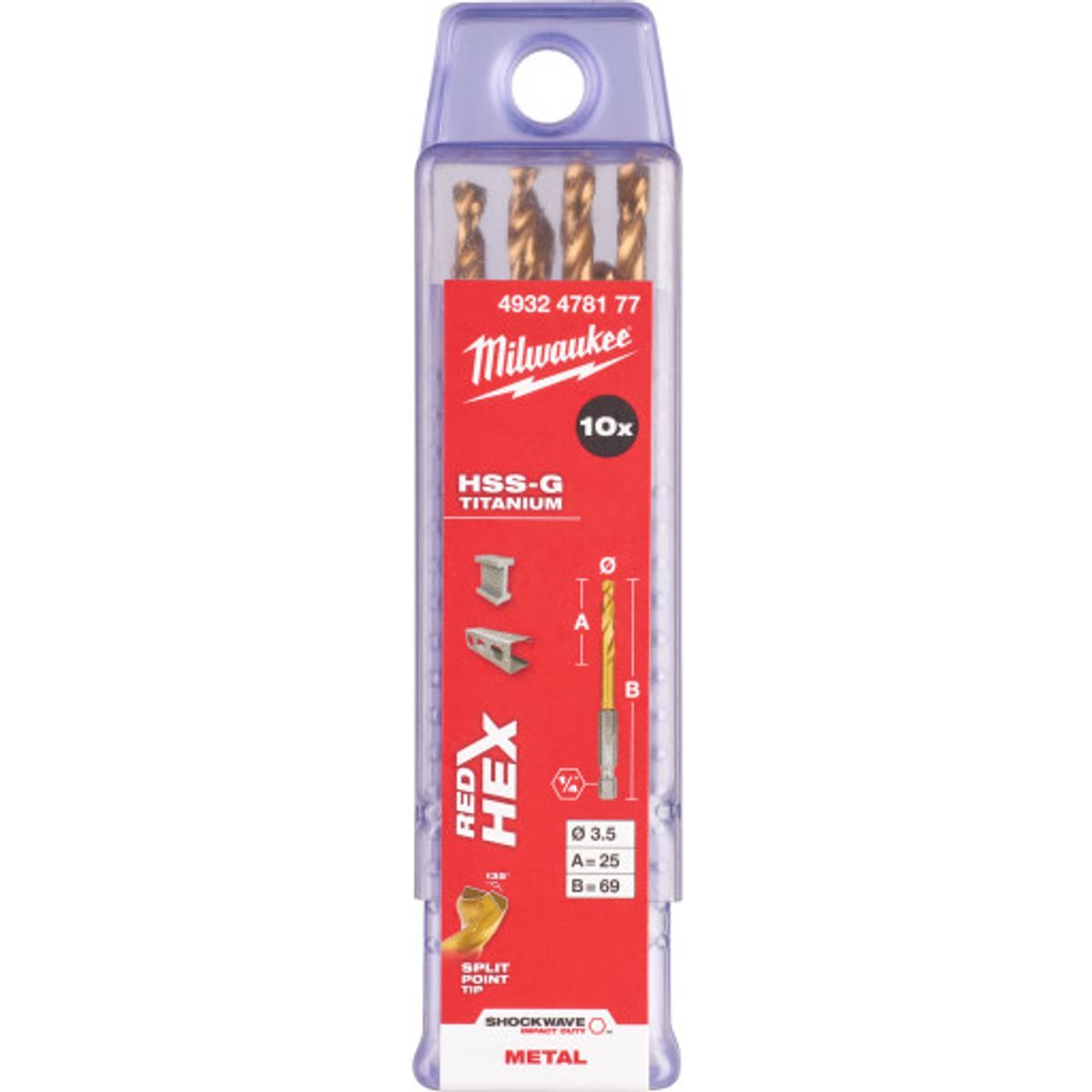 Milwaukee HSS-G TIN Shockwave metalbor 1/4" HEX, 3,5 mm, 10 stk.