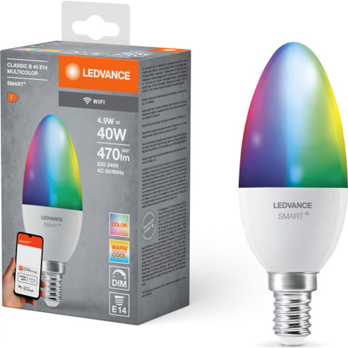 Ledvance Smart+ Wifi E14 kertepære, farveskift + justerbar hvid, 4,9W