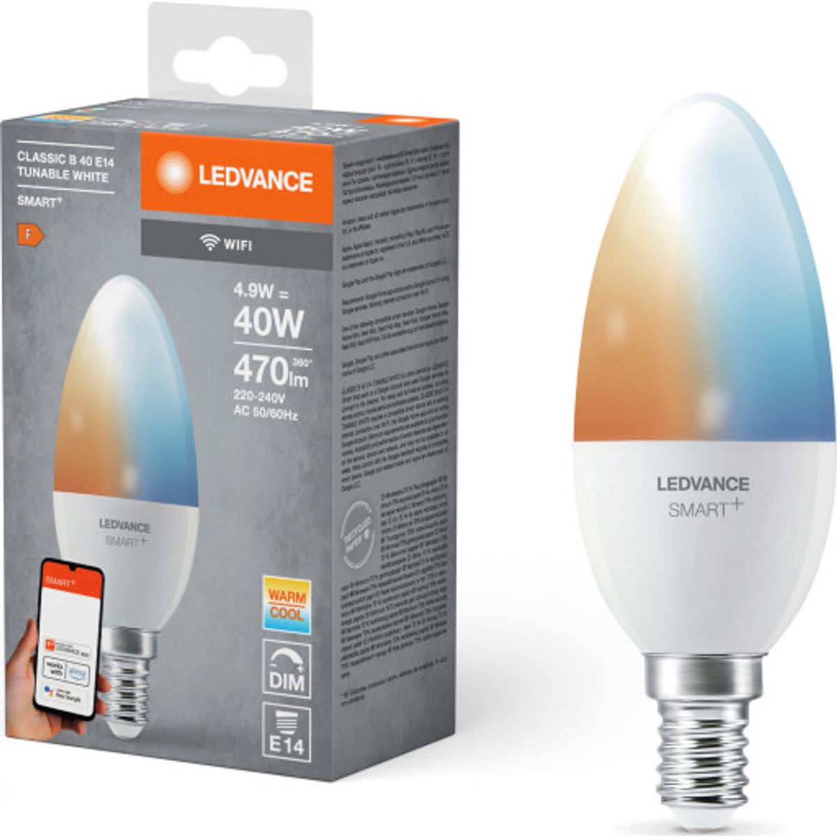 Ledvance Smart+ Wifi E14 kertepære, 2700K-6500K, 4,9W