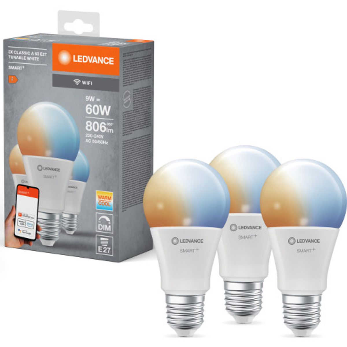 Ledvance Smart+ Wifi E27 standardpære, 2700K-6500K, 9W, 3-pak