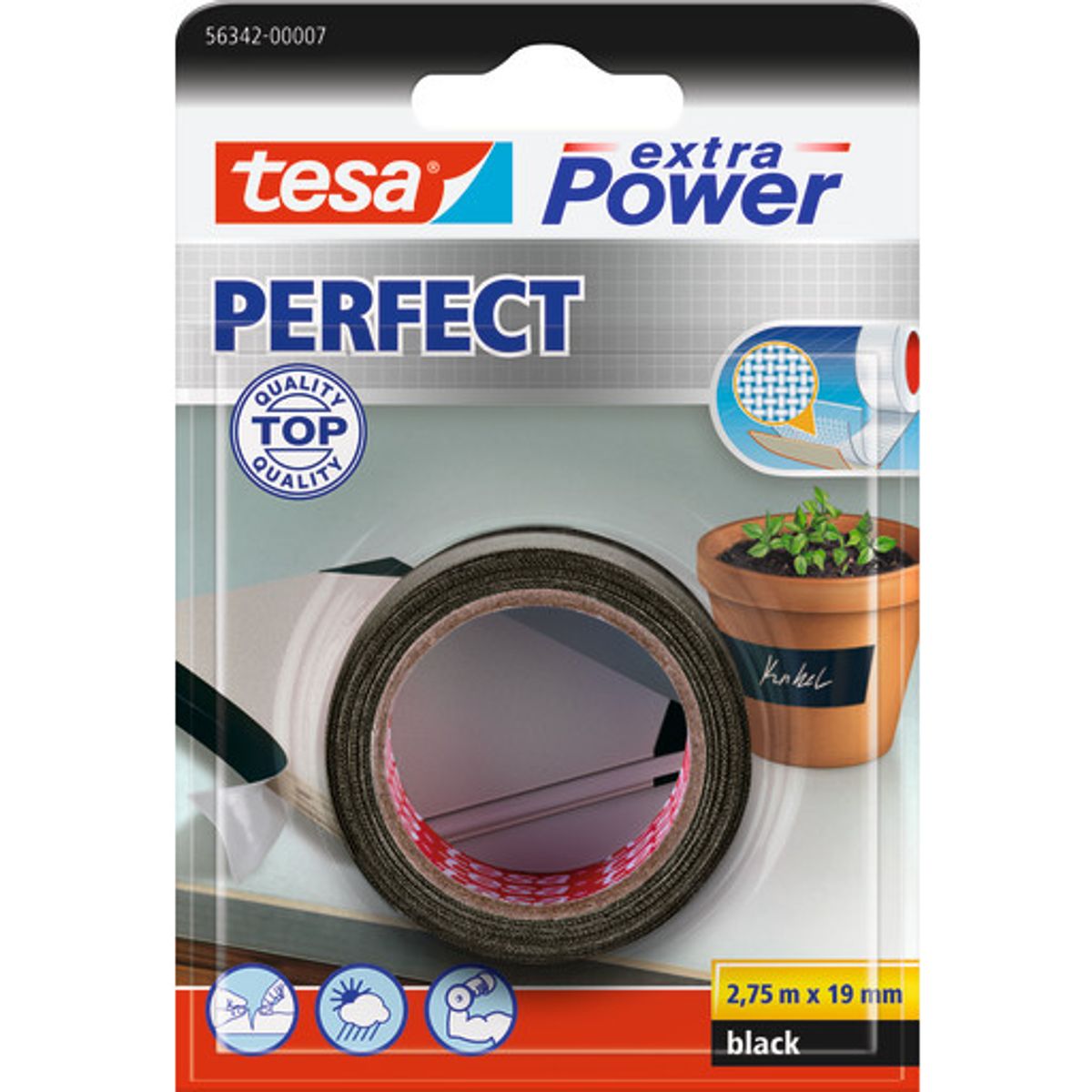 Tesa Perfect lærredstape, sort, 19 mm, 2,75 meter