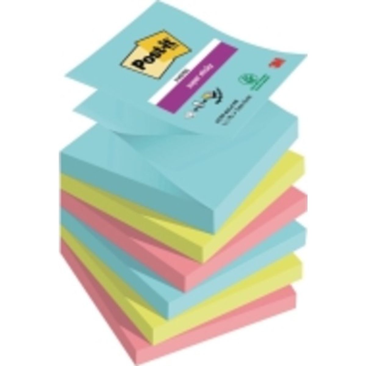 6 stk Post-it Super Sticky Z-Notes, ass. farver, 76 x 76 mm, 12 stk.