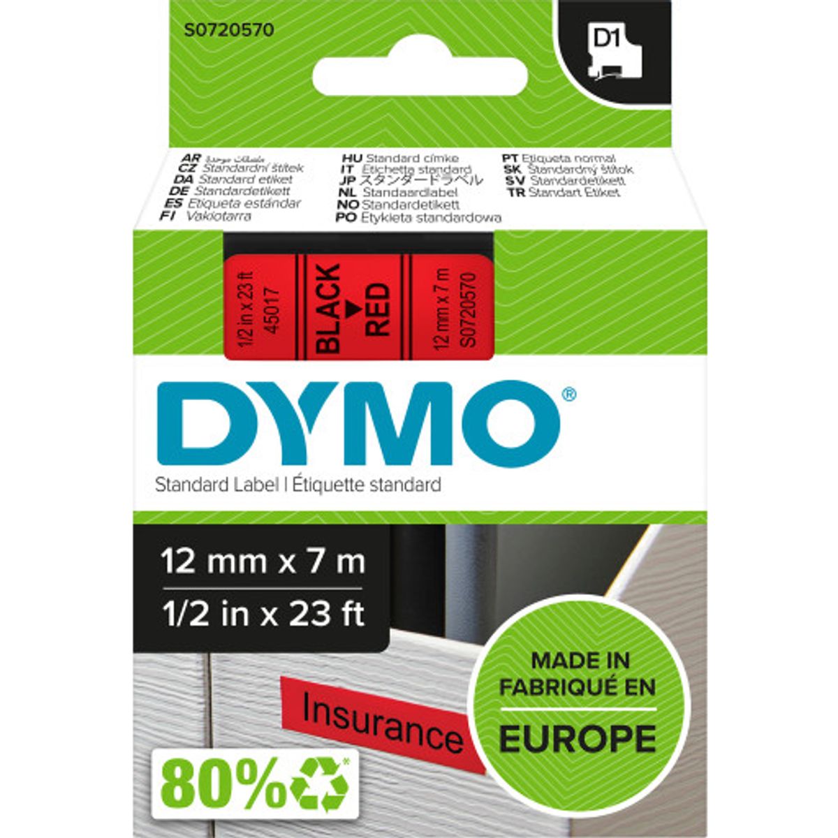 5 stk DYMO® Standard D1 tape, 12 mm, sort på rød