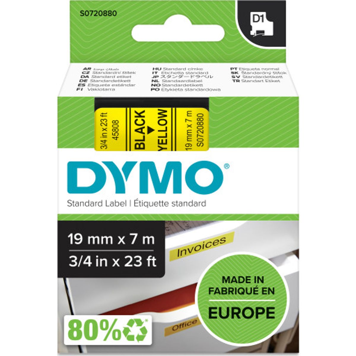 5 stk DYMO® Standard D1 tape, 19 mm, sort på gul