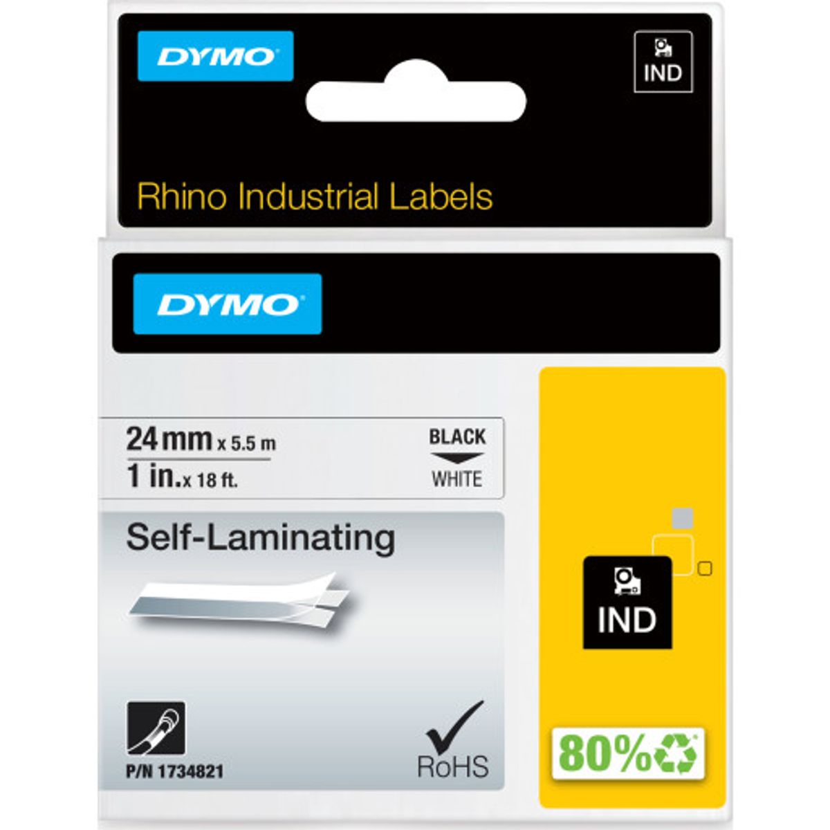 5 stk DYMO® Rhino tape, selv-laminerende, 24 mm, sort på hvid