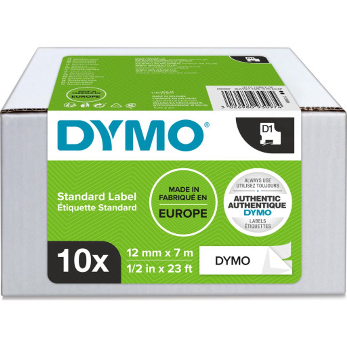 DYMO® Standard D1 tape, 12 mm, sort på hvid, 10 ruller