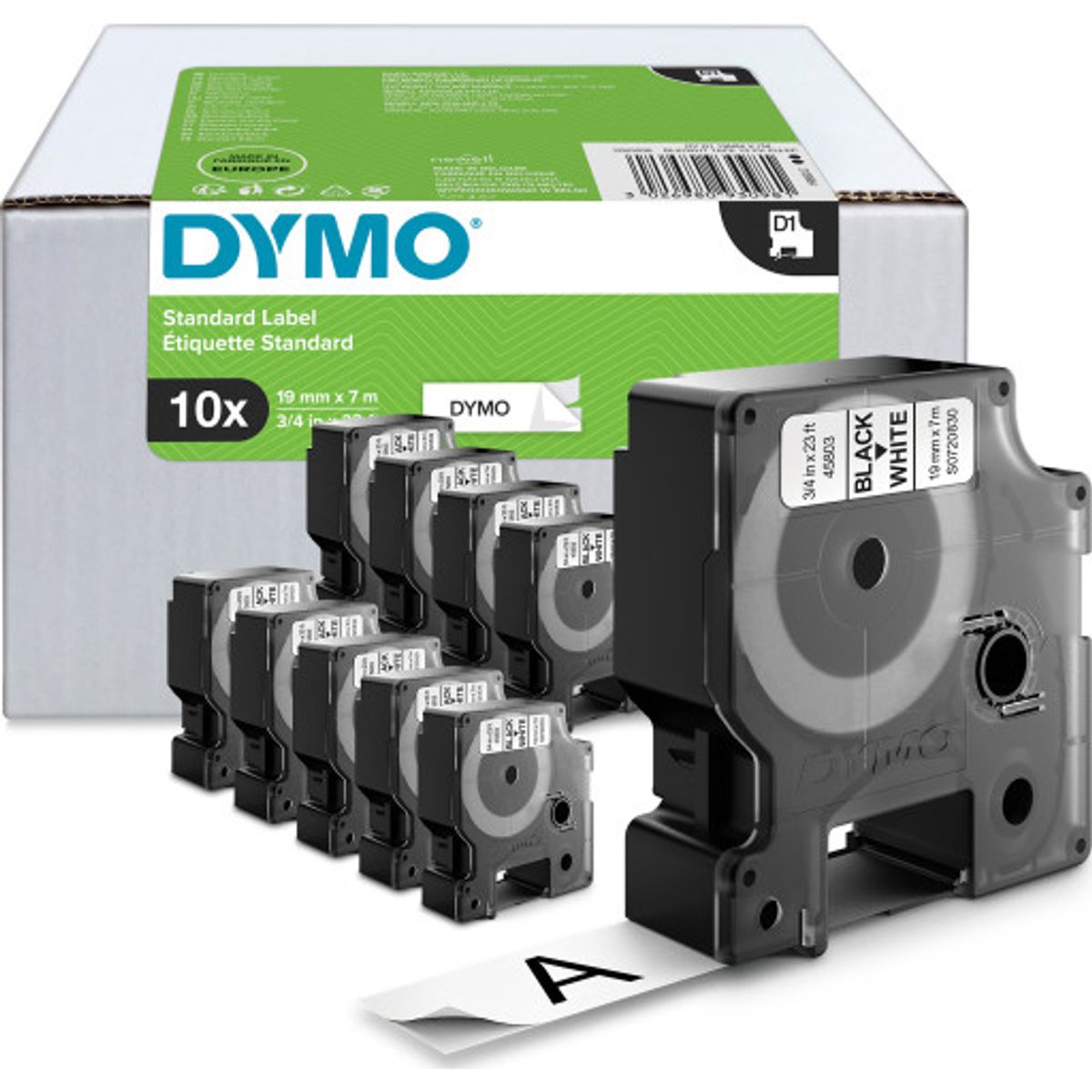 DYMO® Standard D1 tape, 19 mm, sort på hvid, 10 ruller