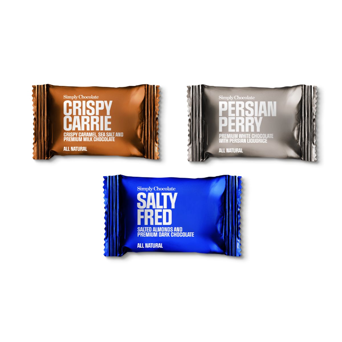 Simply Chocolate Chokoladebar mix | Crispy Carrie, Salty Fred, Persian Perry | 10 Gram 75 stk.