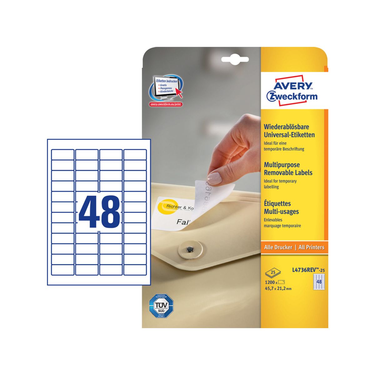 Etiket 45,7x21,2mm Avery L4736rev Aftagelig 48 Stk/ark 30 ark