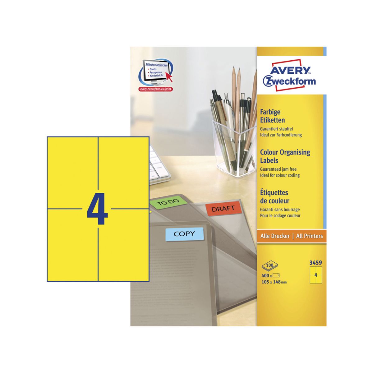 Etiket 105x145mm Avery 3459 gul 4 Stk/ark 100 ark