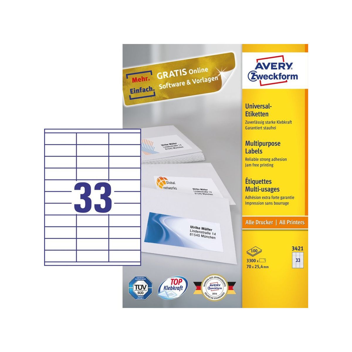 Etiket 70x25,4mm Avery 3421 33 Stk/ark 100 ark