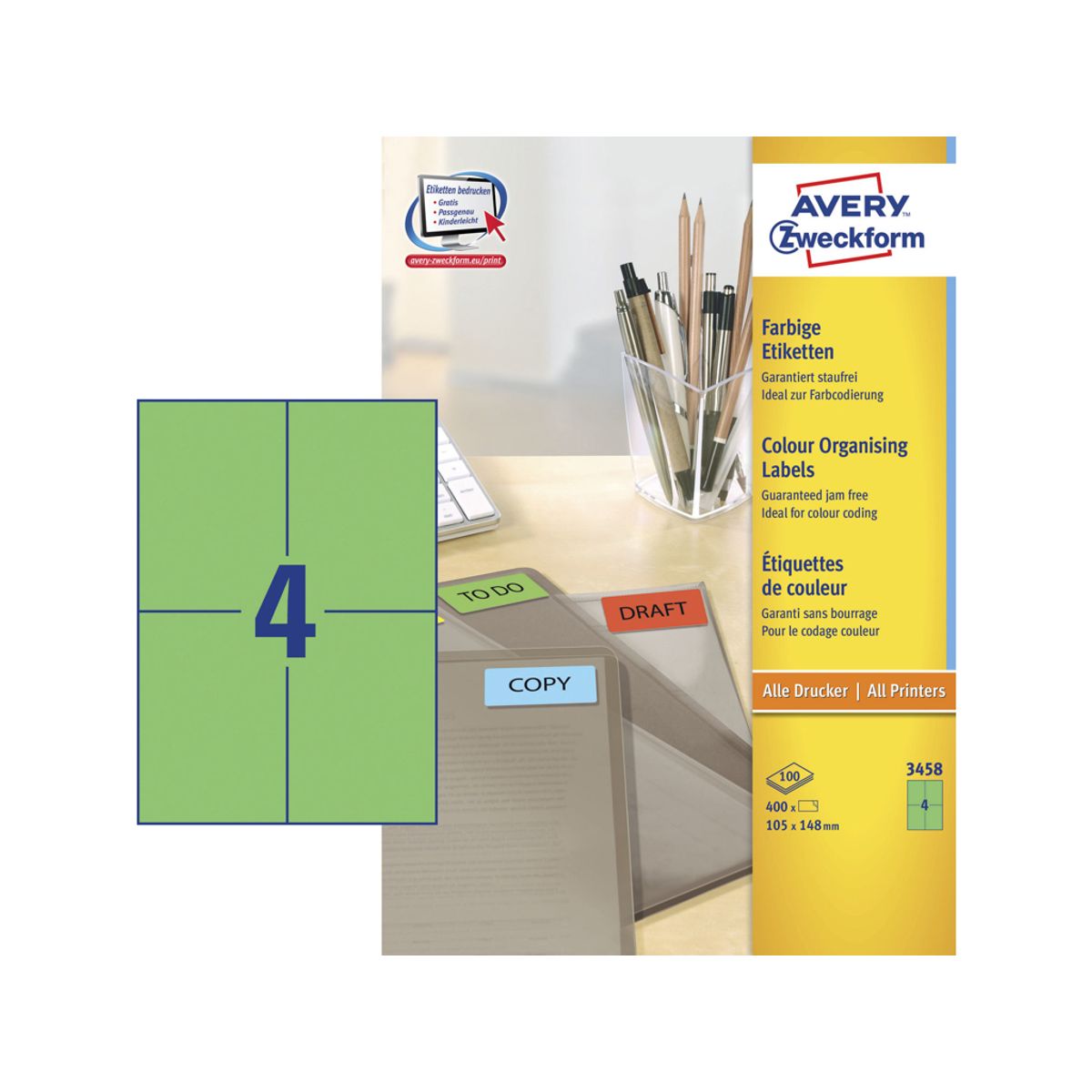 Etiket 105x148 mm Avery 3458 Grøn 4 Stk/ark 100 ark