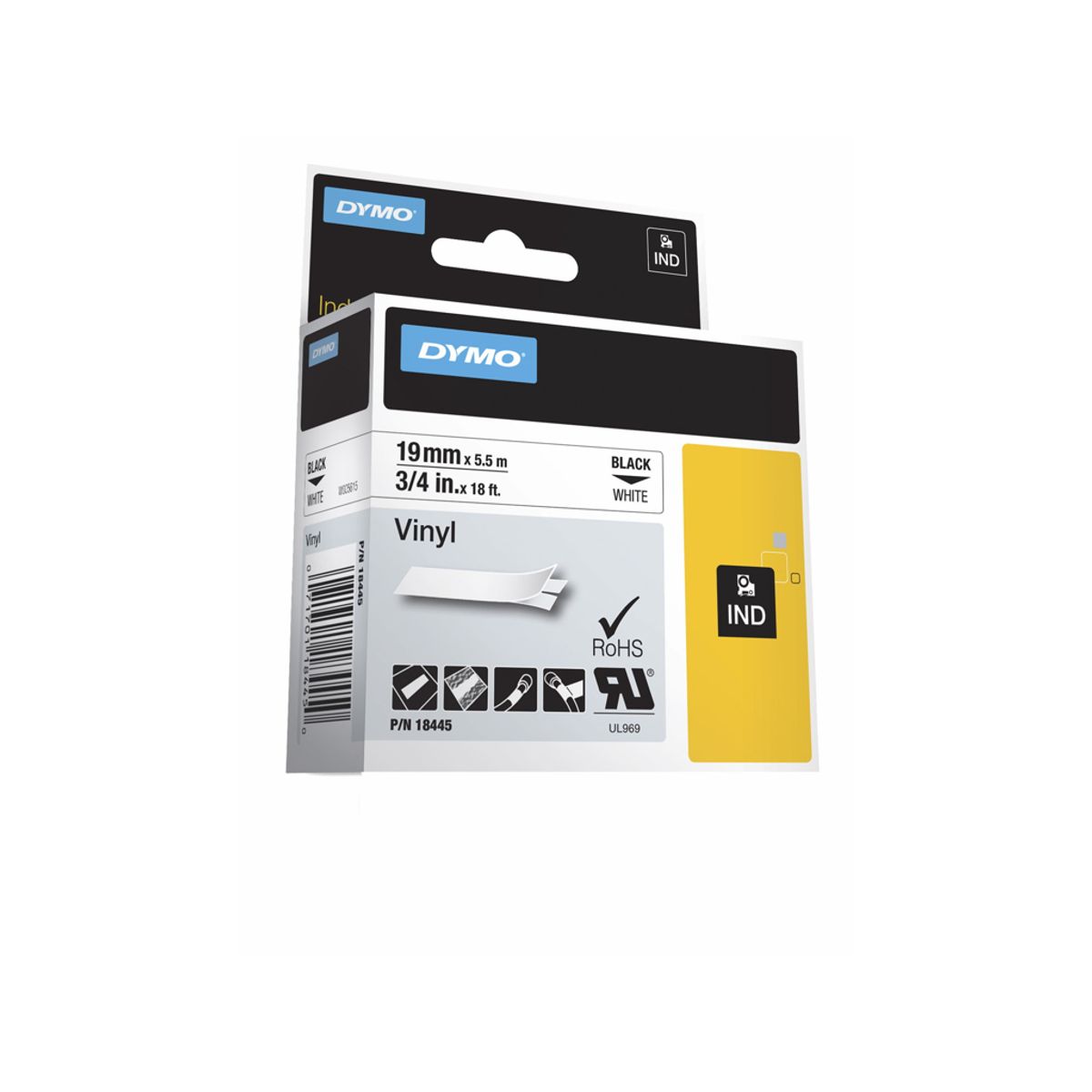 Dymo Tape Rhino 19mm Vinyl Sort/hvid 18445