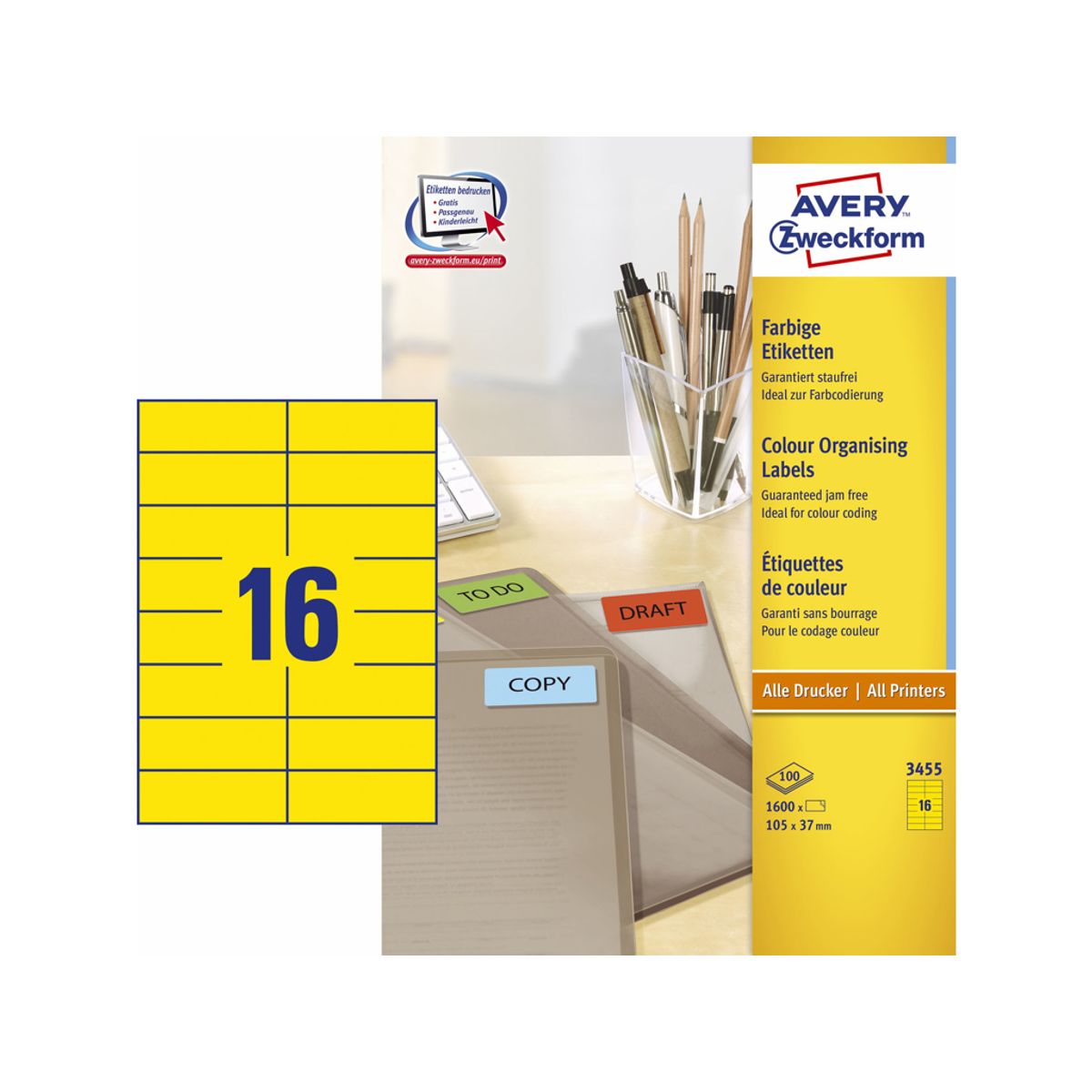 Etiket 105x37mm Avery 3455 gul 16 Stk/ark 100 ark