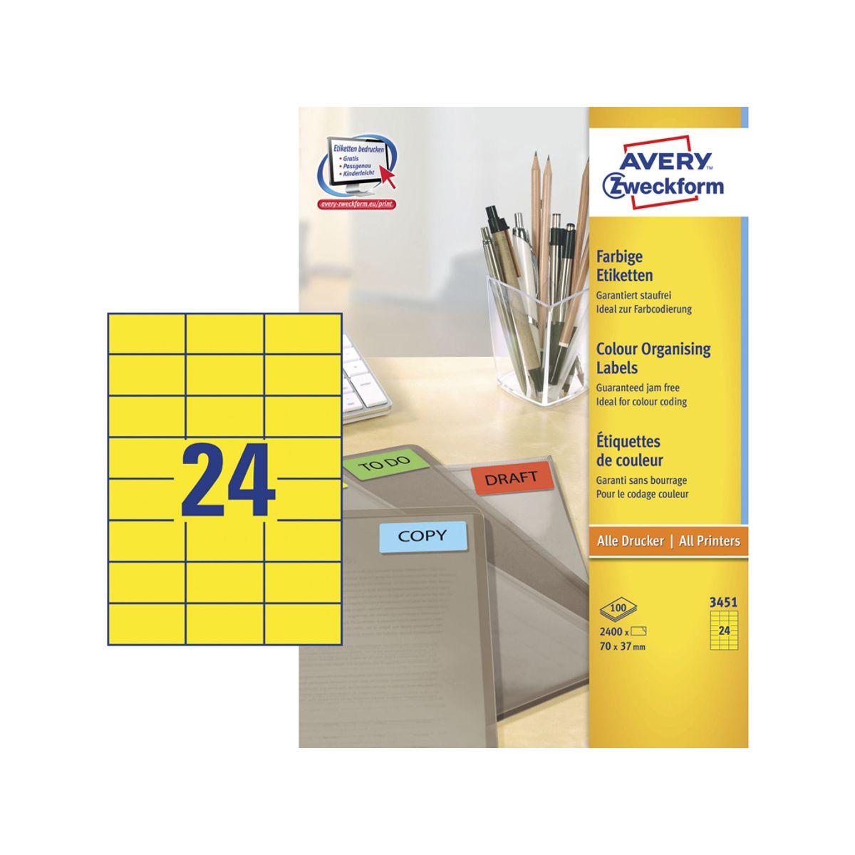 Etiket 70x37mm Avery 3451 gul 24 Stk/ark 100 ark