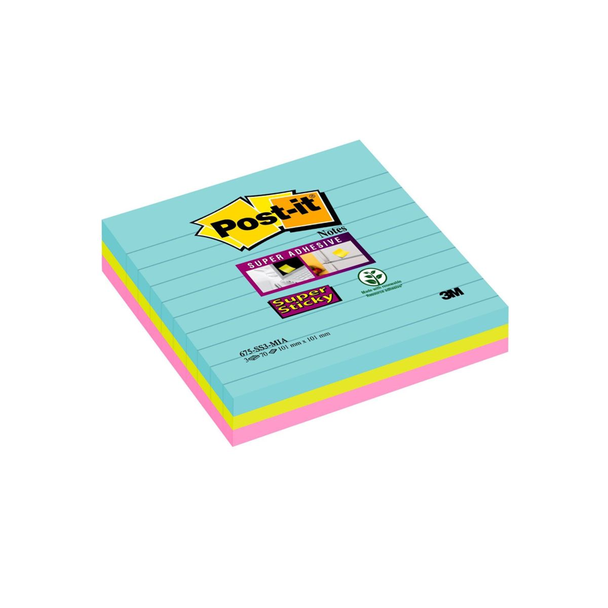 Post-it Super Sticky 101x101mm Linjeret ass 3 stk