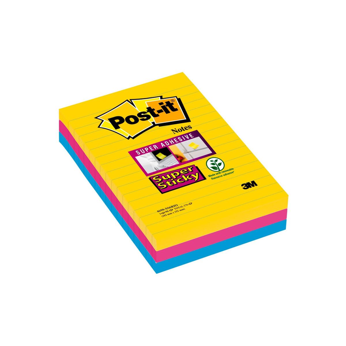 Post-it Super Sticky 101x152mm Linjeret ass 3 stk