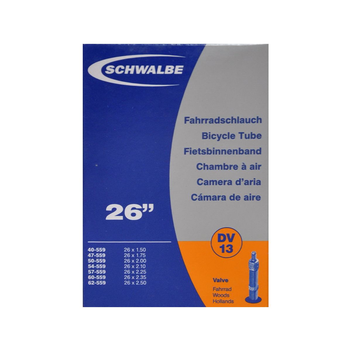 Schwalbe slange 26 x 1,50-2,50 med almindelig ventil DV13