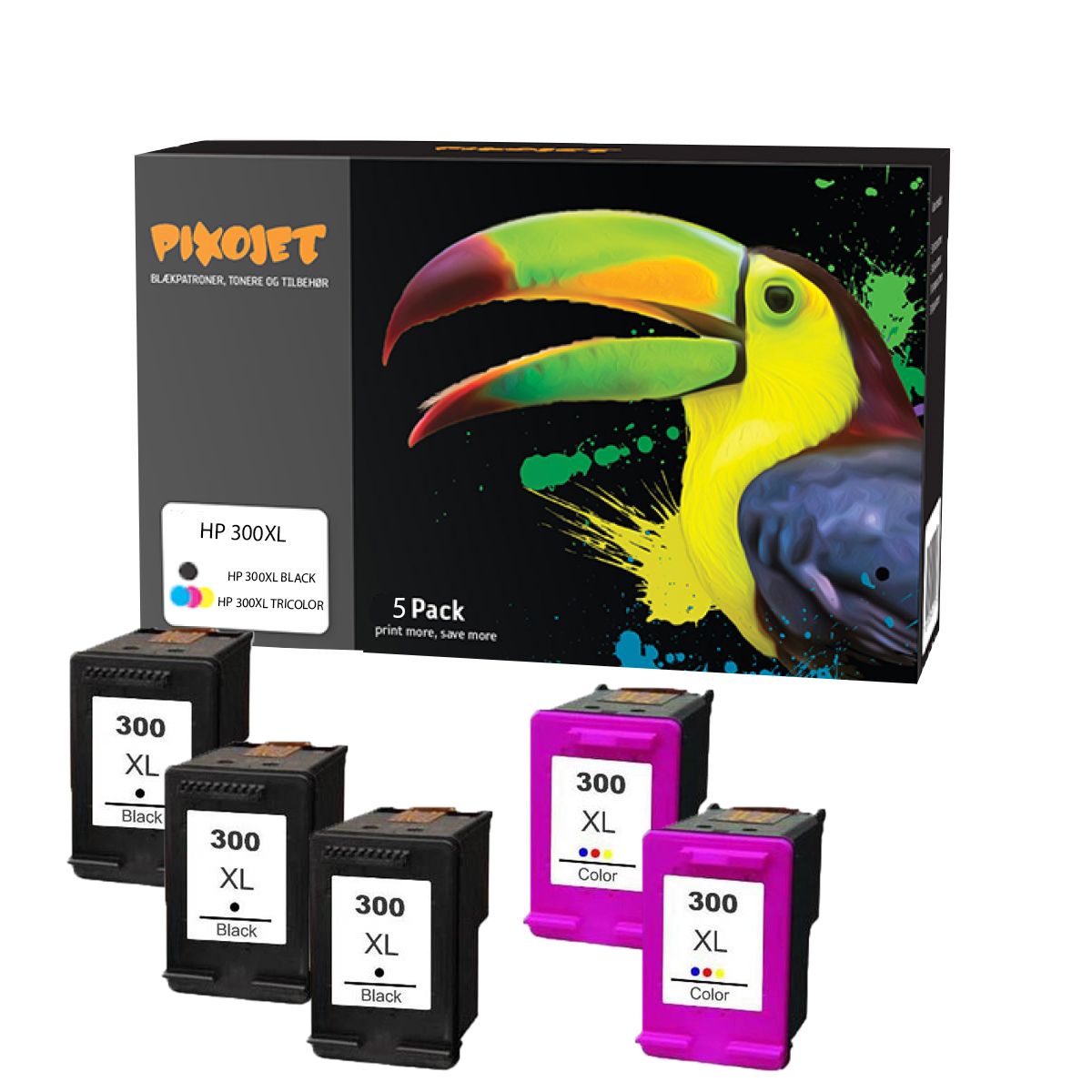 Pixojet blækpatroner HP 300 XL - CC641EE, 5 stk. rabatpakke 90 ml