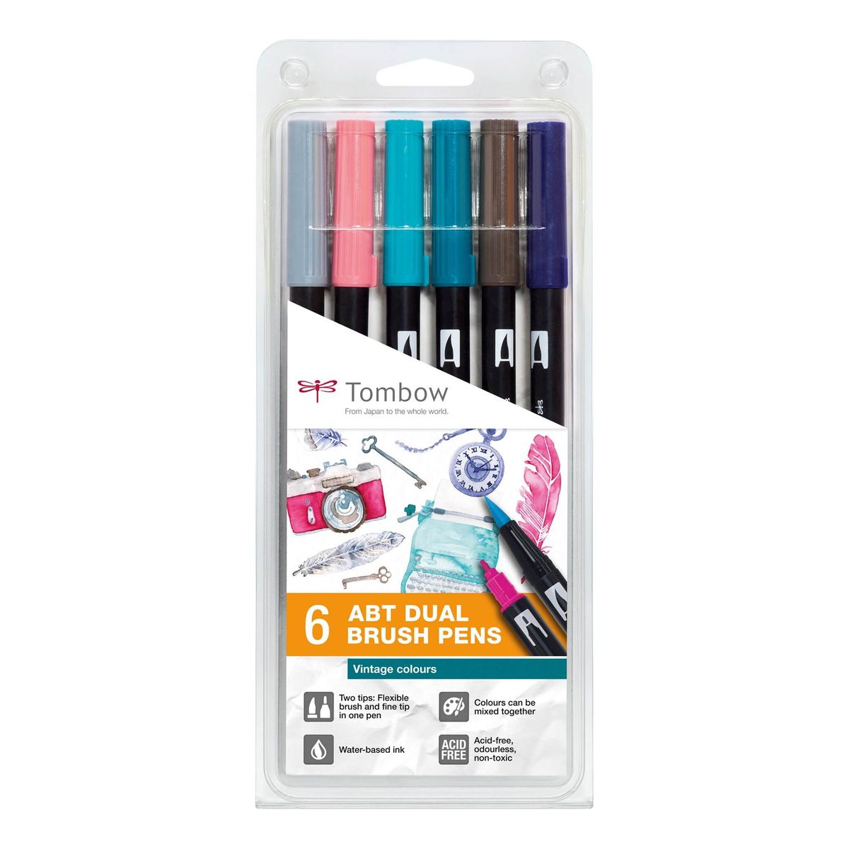 Tombow ABT Dual Brush 6P-5 Vintage, 6 stk, tusch med dobbeltspids