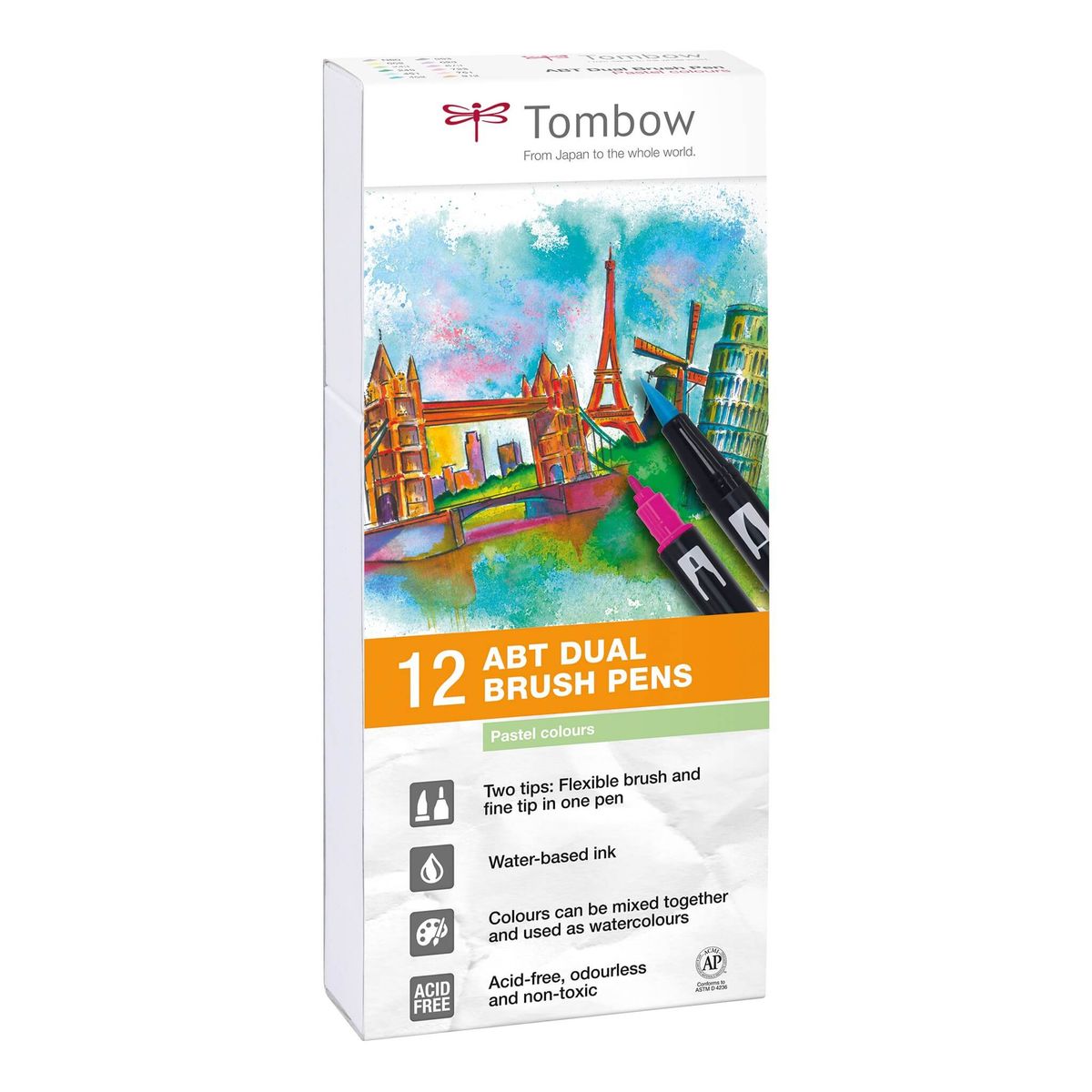 Tombow ABT Dual Brush 12P-2 Pastel, 12 stk, tusch med dobbeltspids