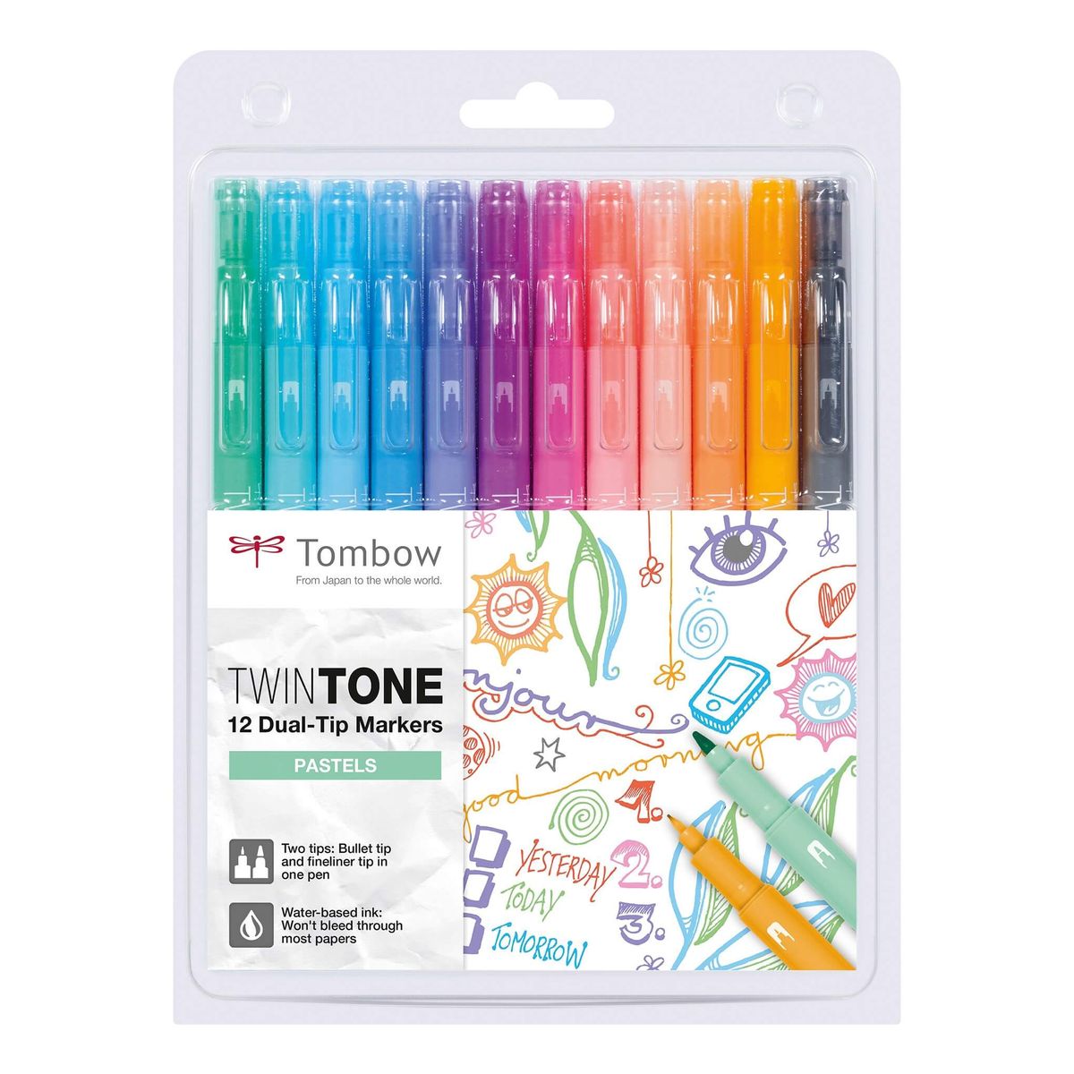 Tombow TwinTone pastel, tusch med dobbeltspids, 12 stk