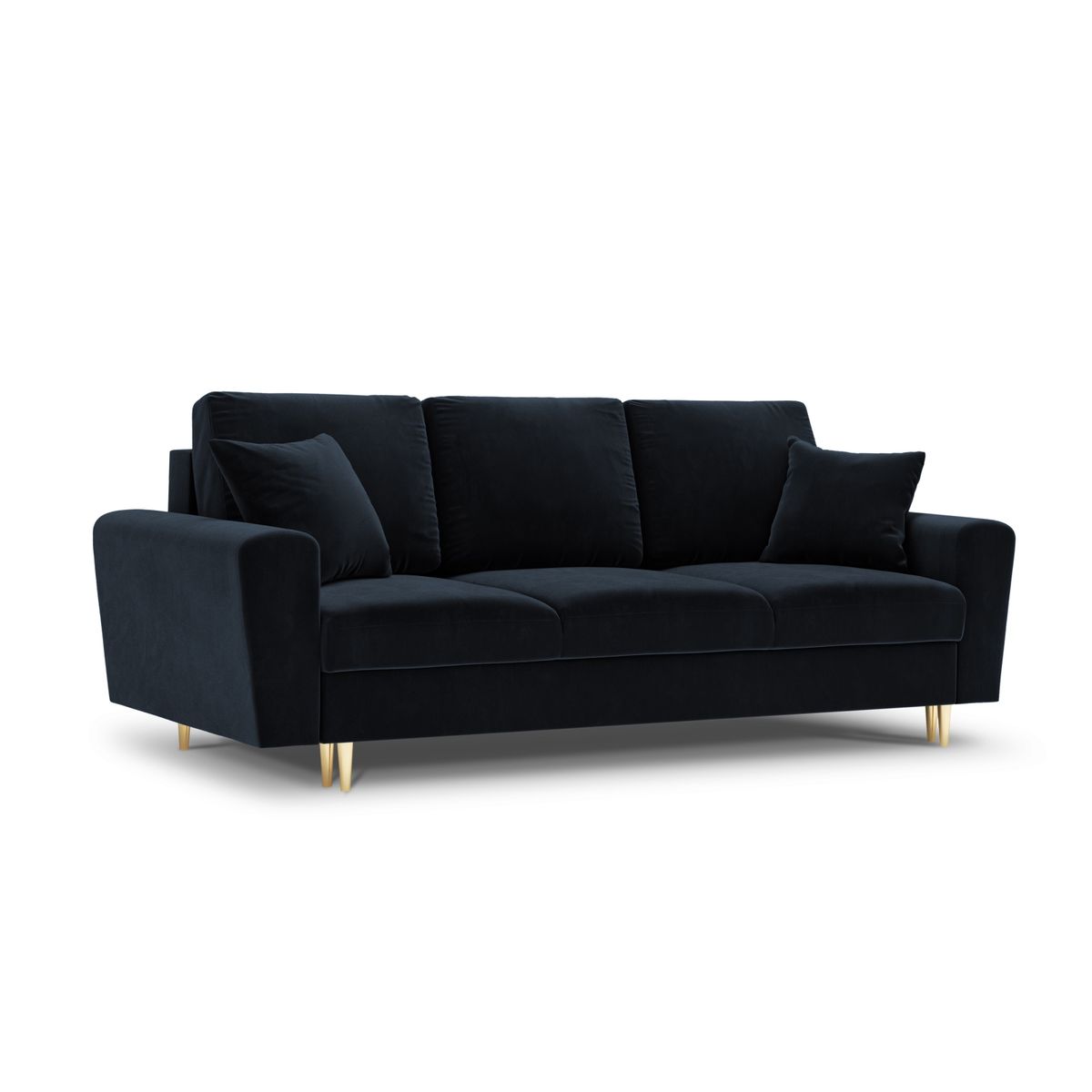 MICADONI Moghan sofa, m. sengefunktion og boks, 3 sæder - blå fløjl og guld metal