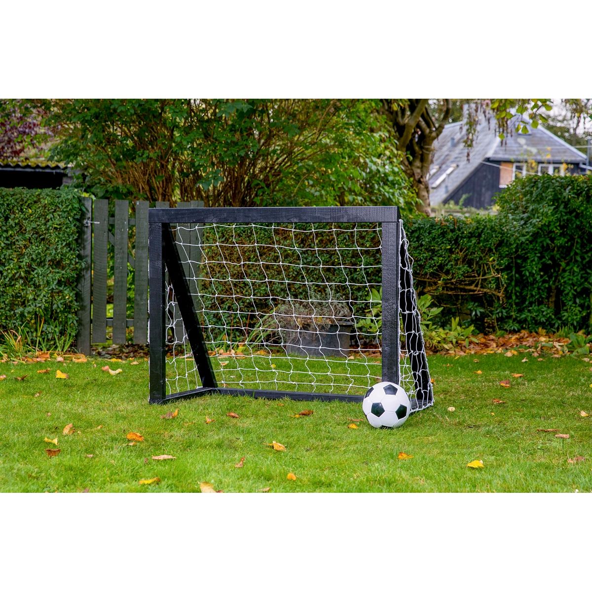 Fodboldmål i TRÆ - 125 cm x 100 cm med net i SORT - KRAFTIG KVALITET - HURTIG LEVERING