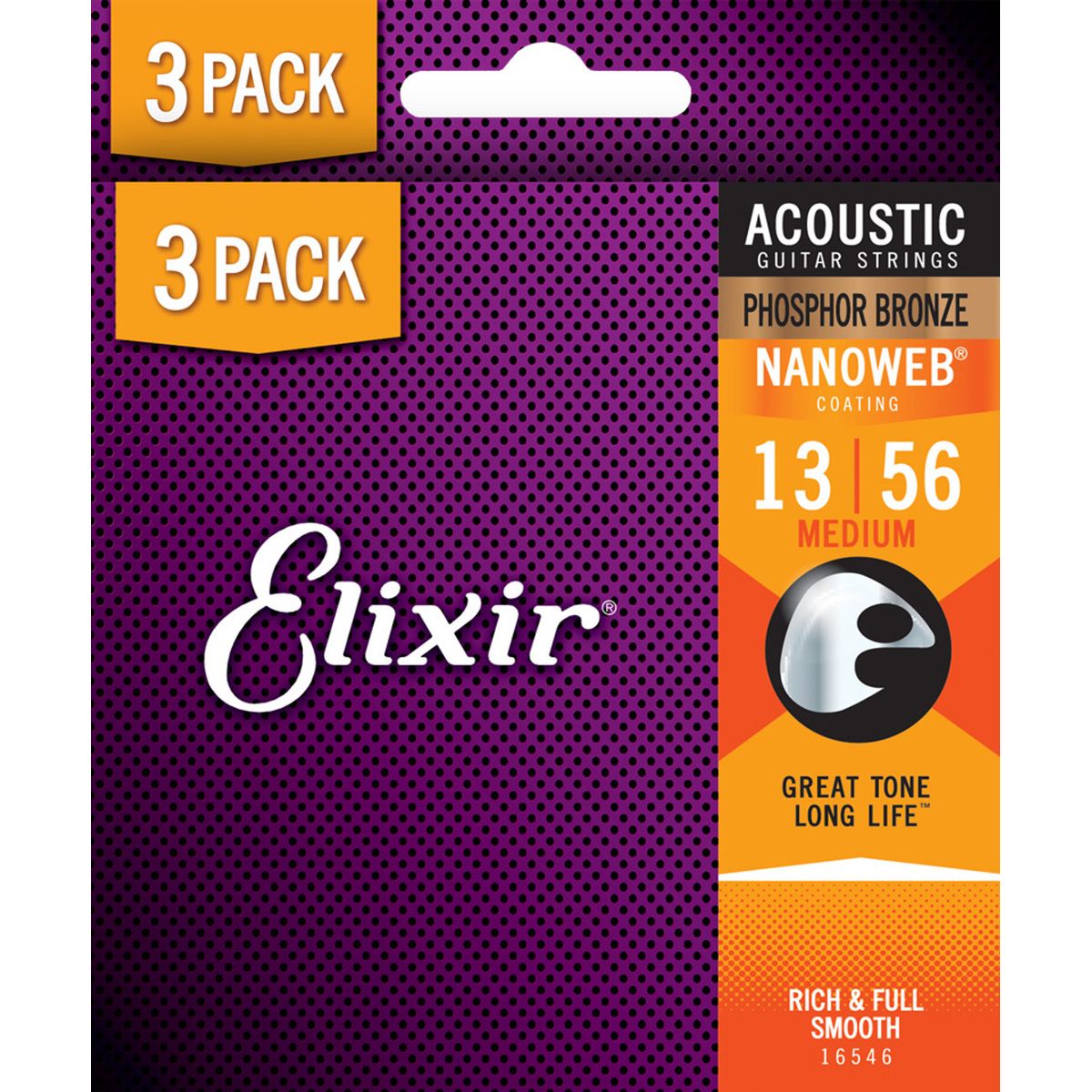 Elixir Nanoweb Phosphor Bronze - Western-strenge 013-056 Medium - 3 Pack