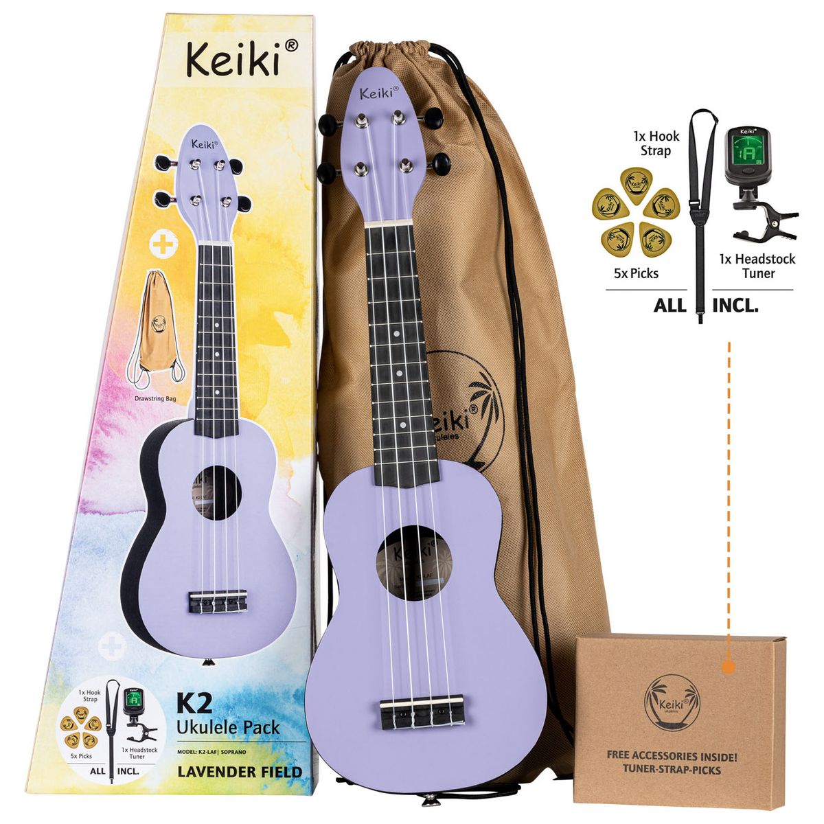 Ortega Keiki K2-LAF Sopran Ukulele Pack - Lavender Field