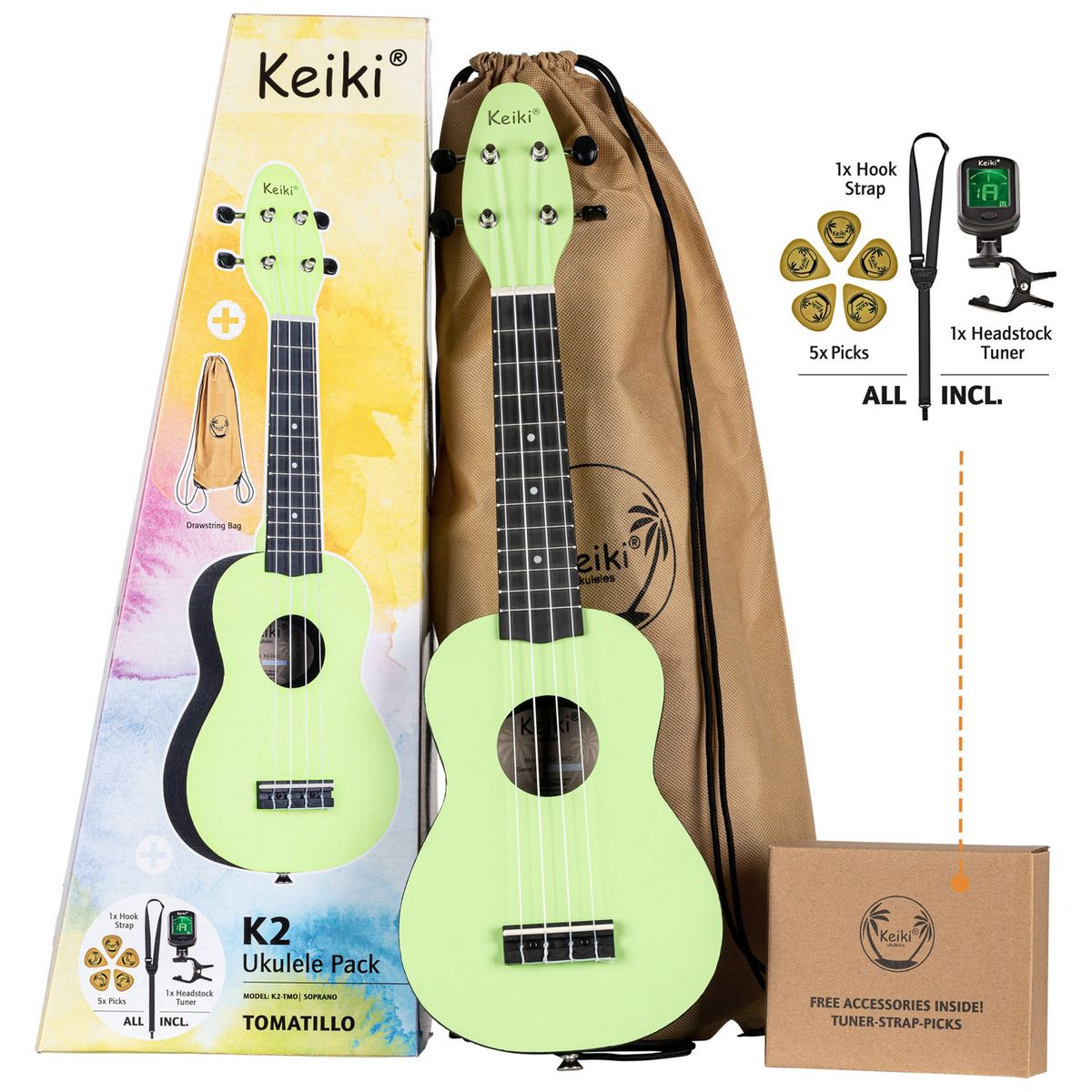 Ortega Keiki K2-TMO Sopran Ukulele Pack - Tomatillo