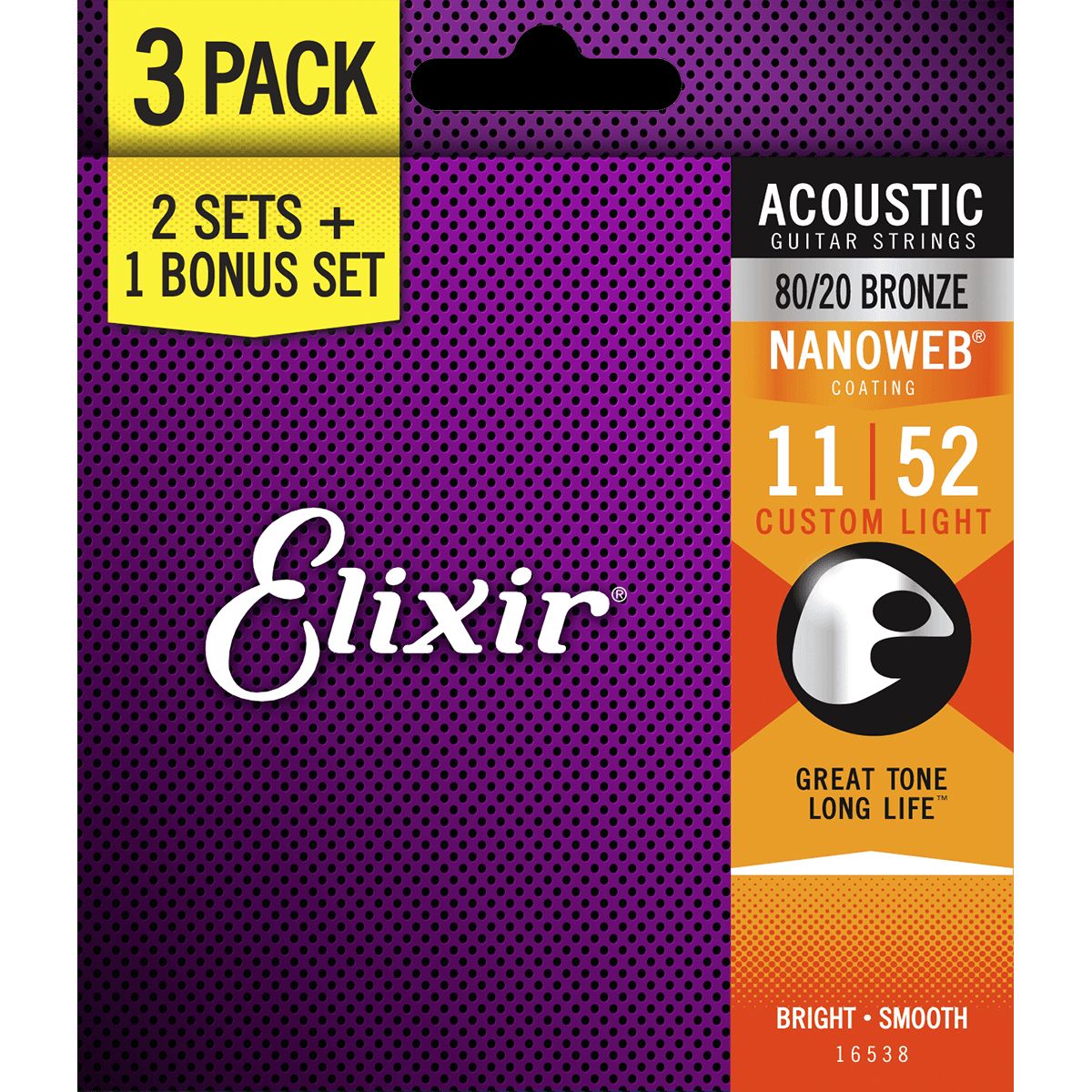 Elixir Nanoweb ACOUSTIC 80/20 BRONZE 16538 3 PACK 11-52 Custom Light