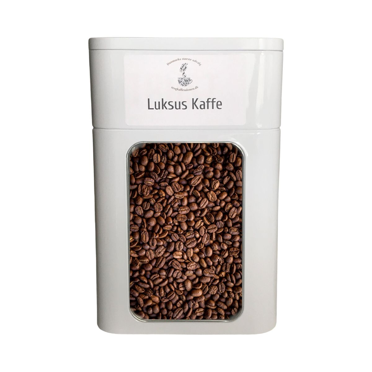 Dåse inkl 1 kg gourmet kaffebønner (hvid metal med vindue)