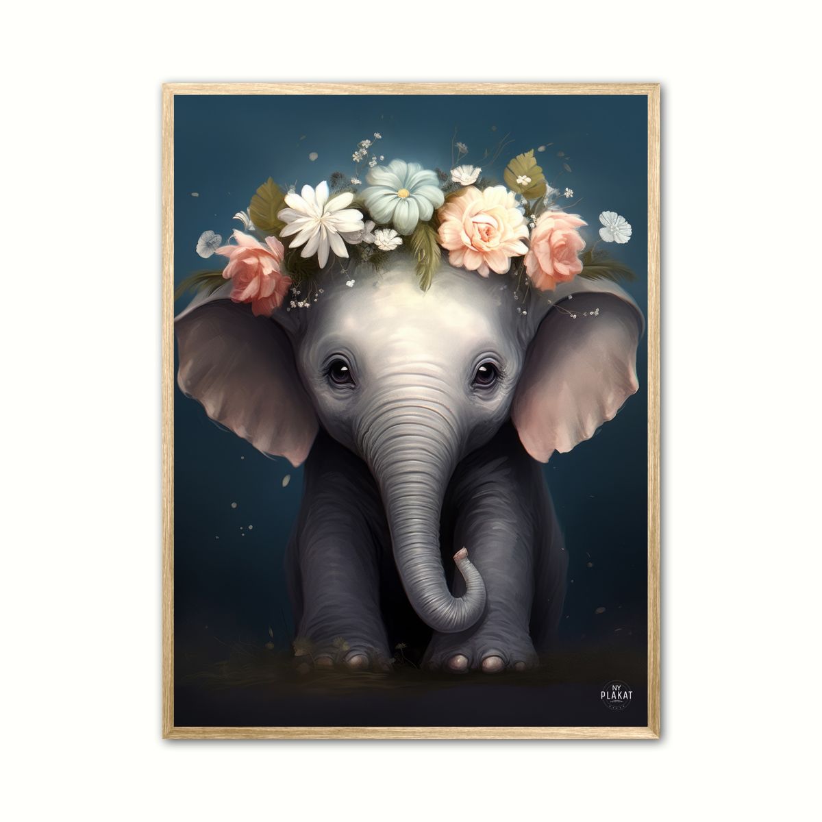 Elefant med blomsterkrans - Brneplakat 30 x 40 cm