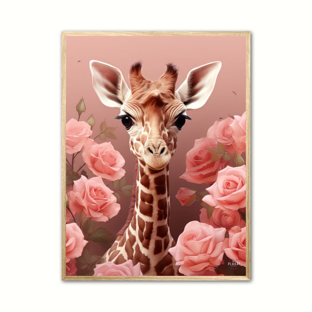 Plakat med Pink Roser i Giraffens Verden - Giraf Plakat 31 21 x 29,7 cm (A4)