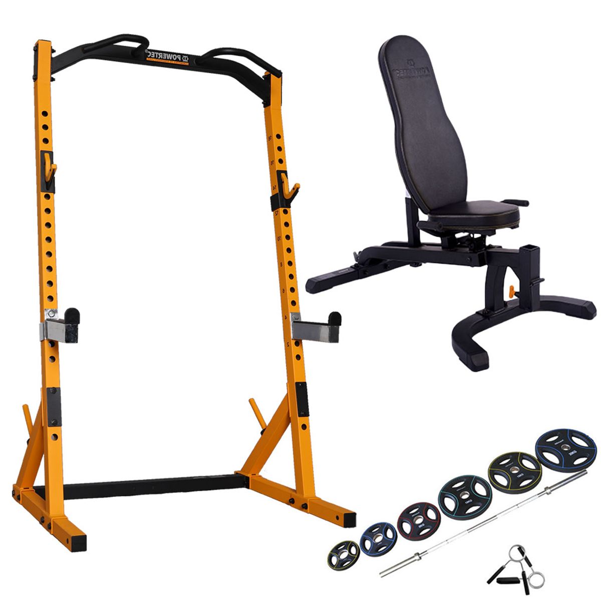 Powertec - Half Rack træningssæt m. 95 kg 50 mm PU vægtsæt - Yellow