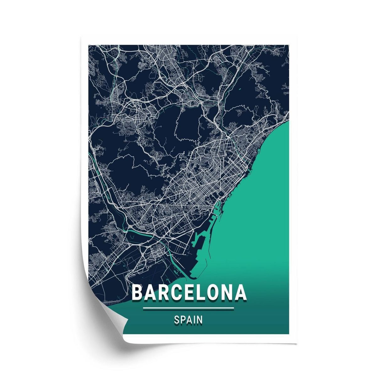 Plakat - Marineblå kort over barcelona