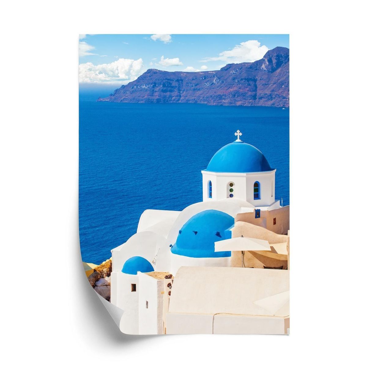 Plakat - Santorini landskab med en hvid kirke og udsigt over det blå