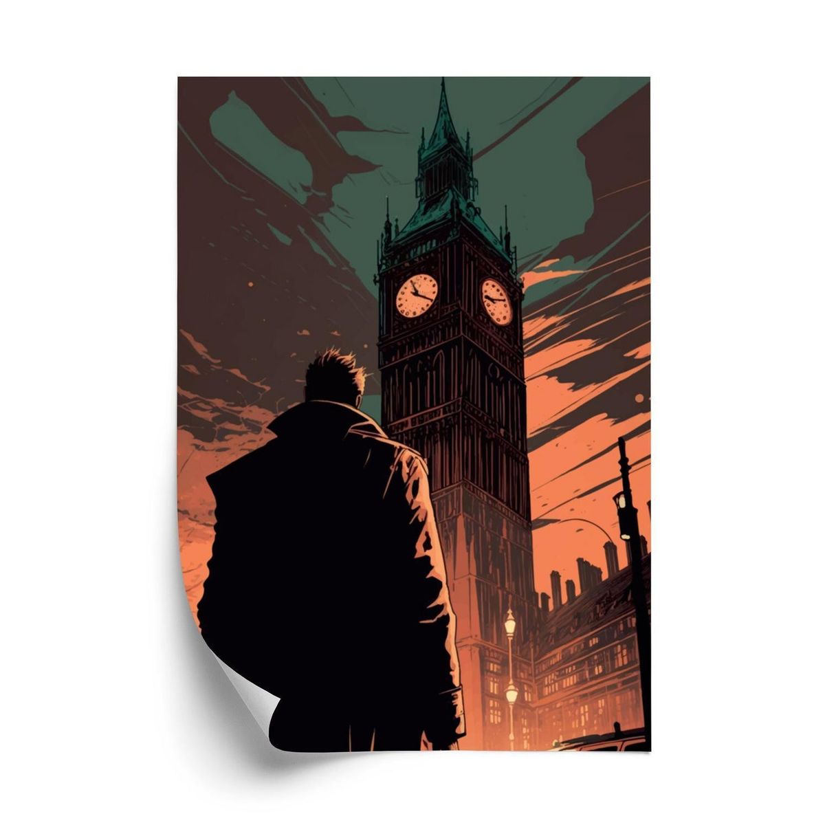 Plakat - En mand og big ben i tegneseriestil