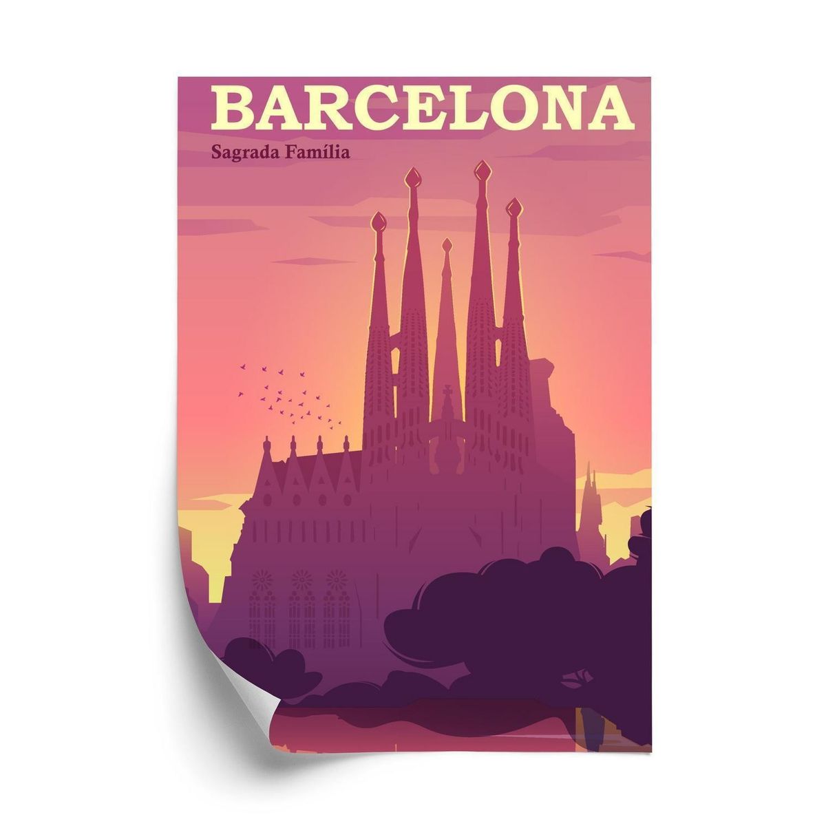 Plakat - Barcelona sagrada familia pink illustration ved solnedgang