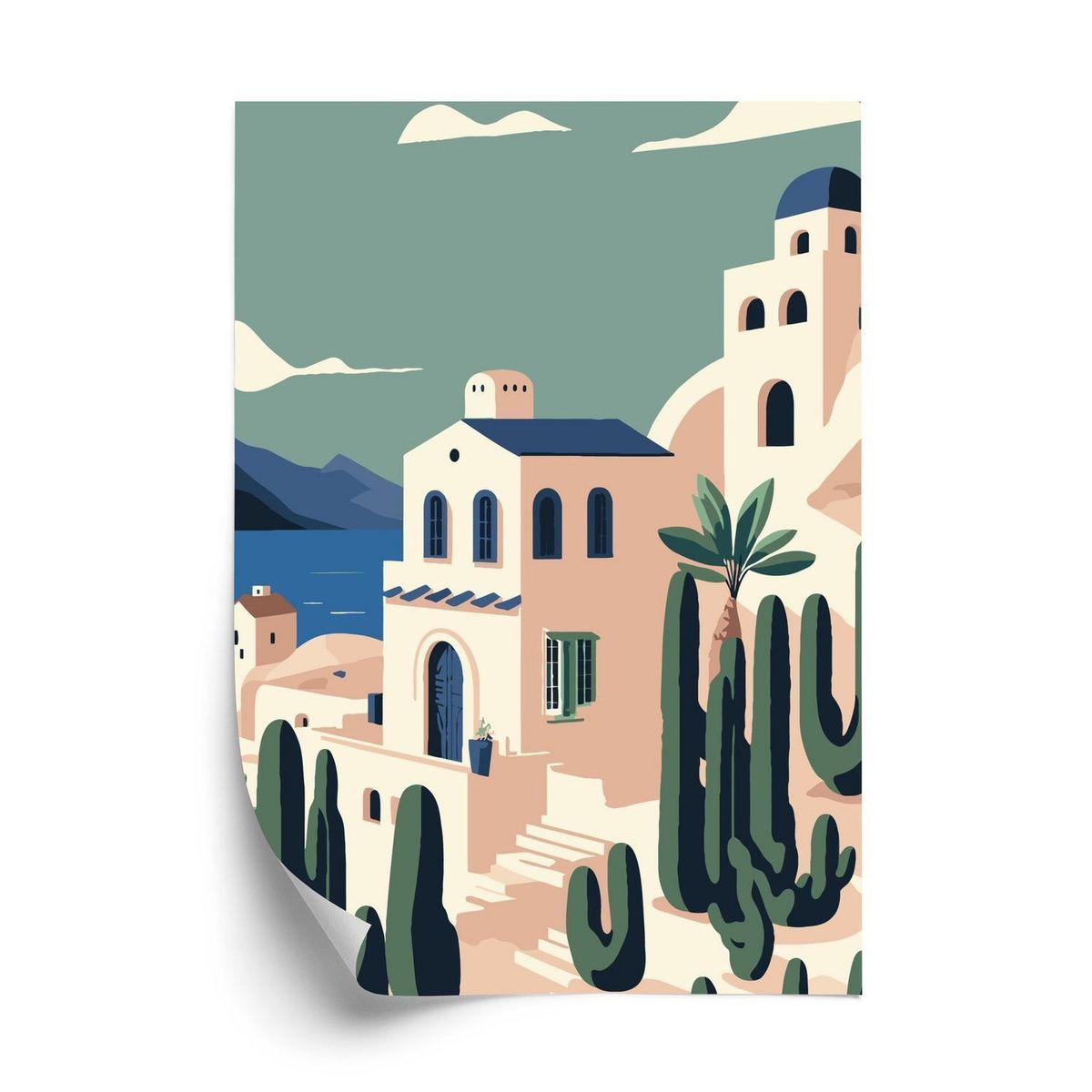 Plakat - Arkitektur og vegetation på øen santorini