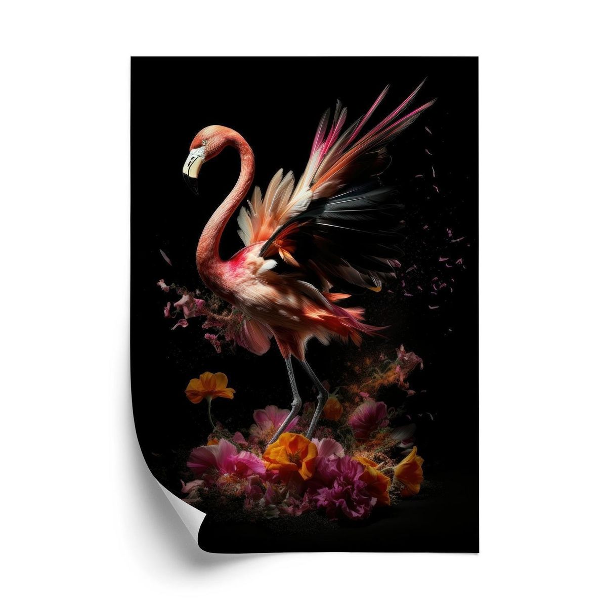 Plakat - Flamingo med blomster i surrealistisk illustration